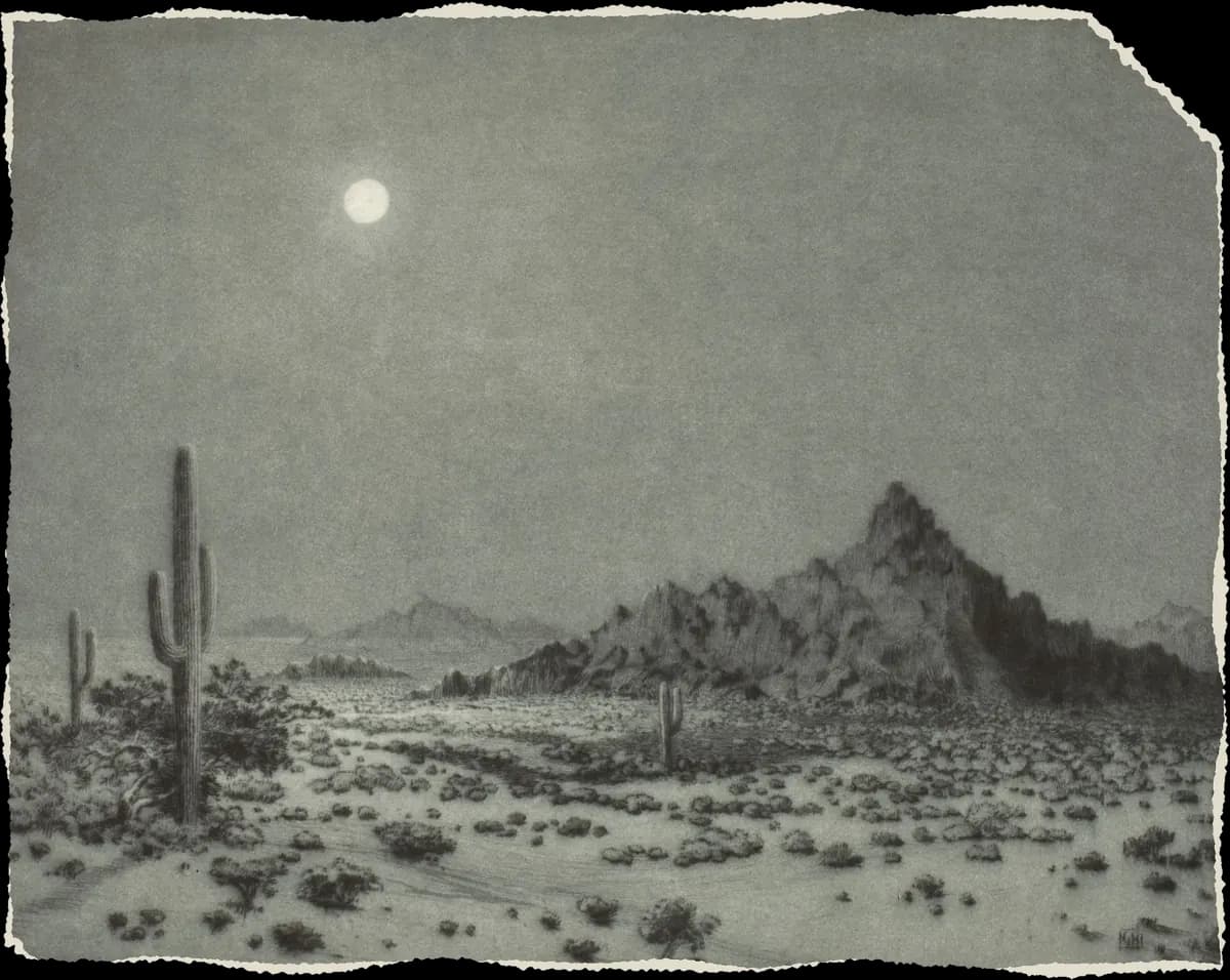 Etching of saguaro cactus and a desert peak under a full moon