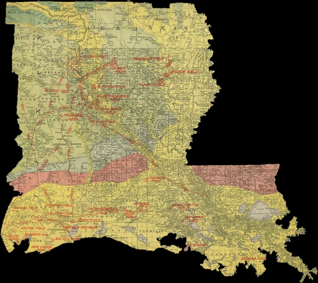 1920 Gallup map of Louisiana with its borders into Texas and Arkansas