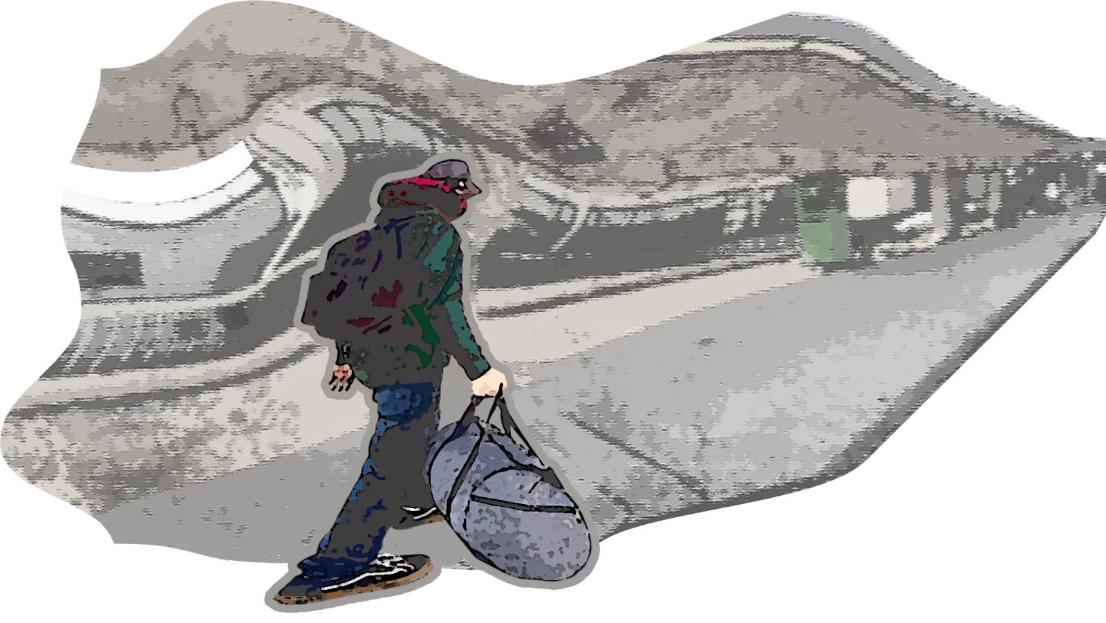 My brother walking into the airport with a duffel bag