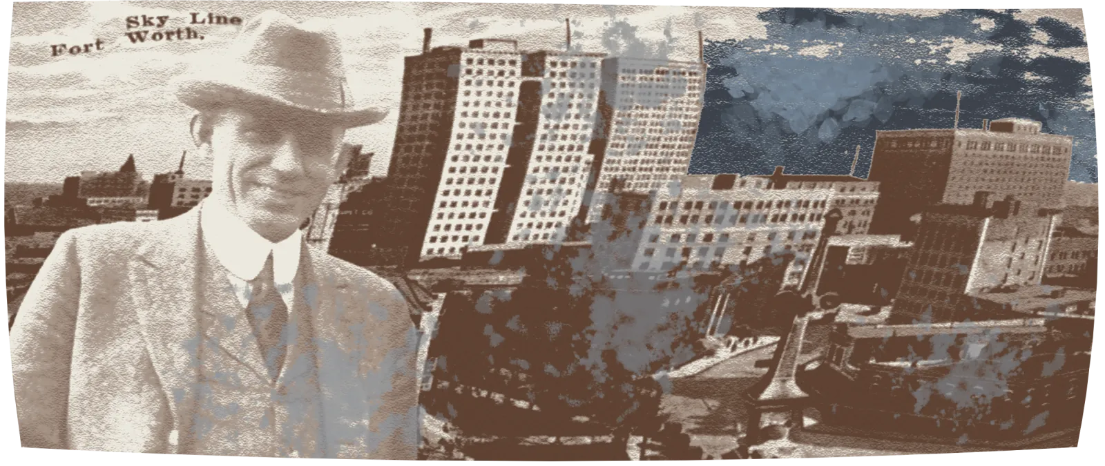 J. Frank Norris in a hat in front of the Fort Worth skyline