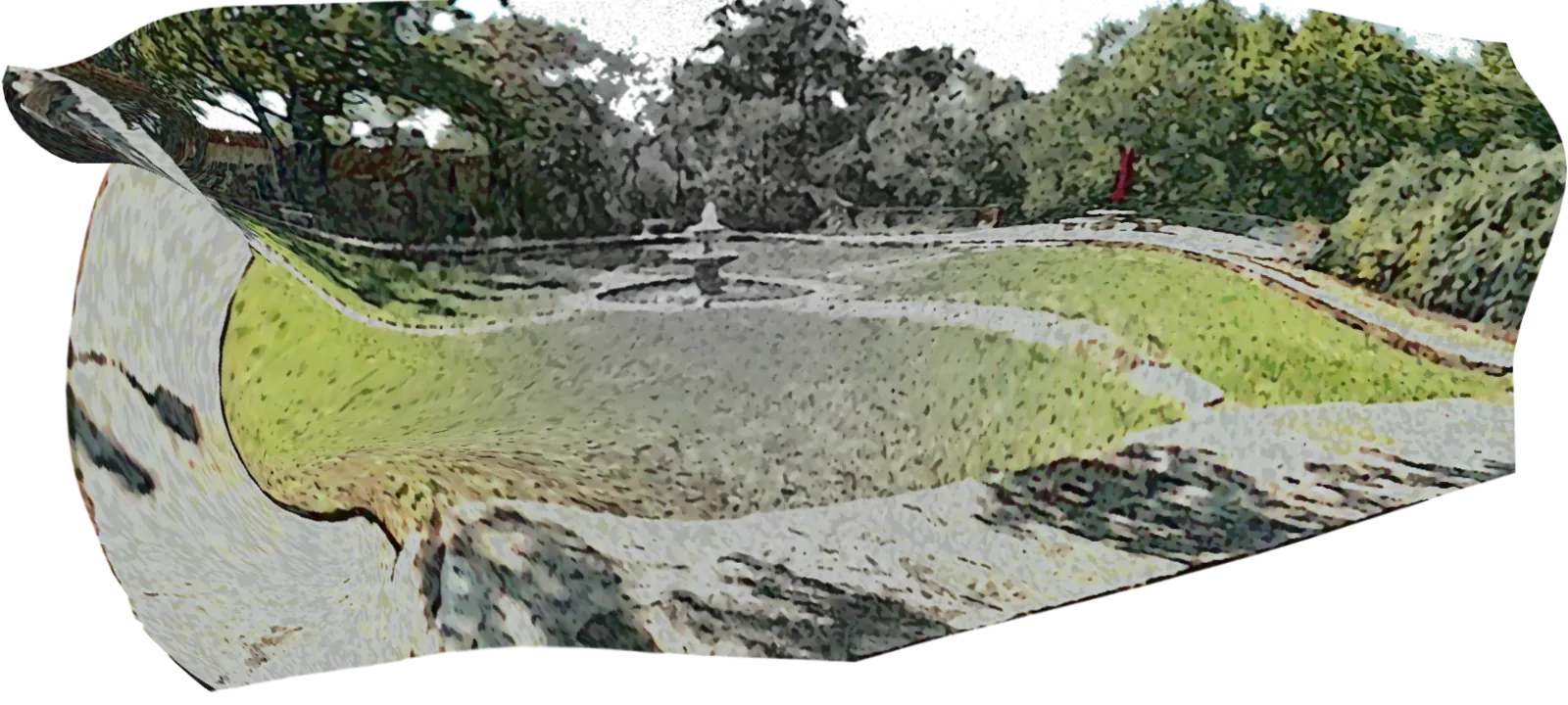 The tea garden with a fountain in the middle of a lawn